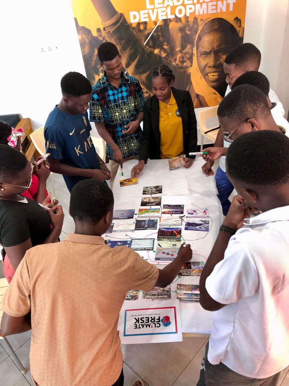 A group mapping climate connections with Climate Fresk cards around a table.