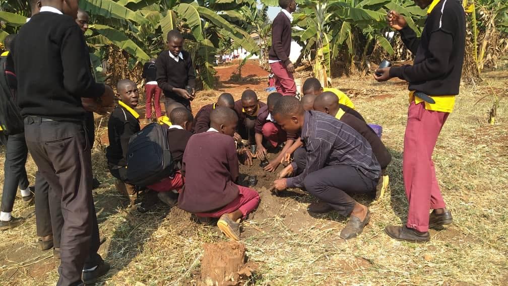 Students gathered around a planting activity outdoors.